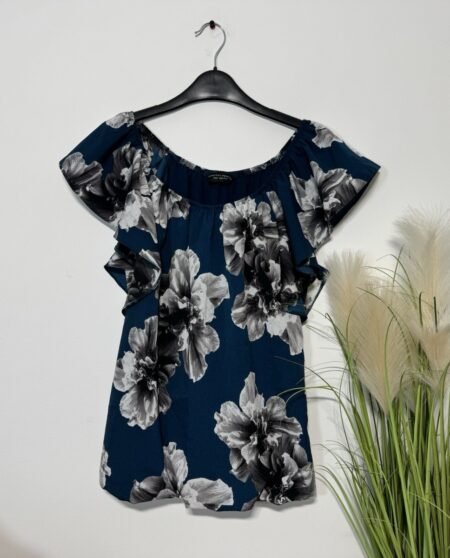 Dorothy Perkins Teal Floral Bardot Neckline Flowy Lined Blouse Size 10