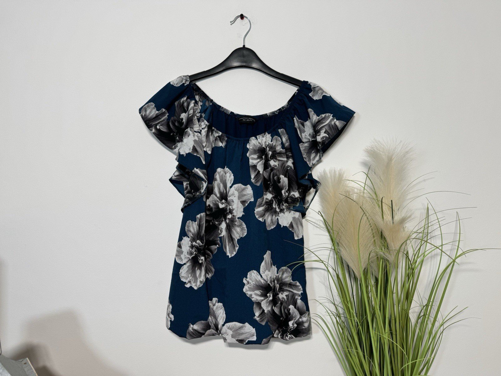 Dorothy Perkins Teal Floral Bardot Neckline Flowy Lined Blouse Size 10