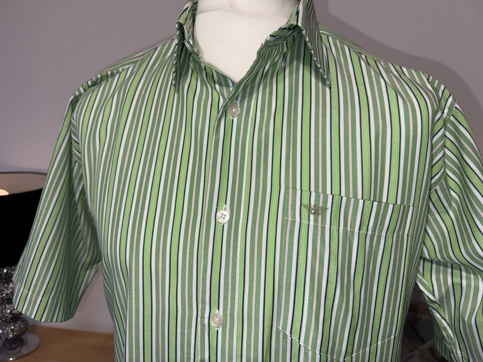 Green Stripe Short Sleeve Cotton Shirt Neck 17.5in