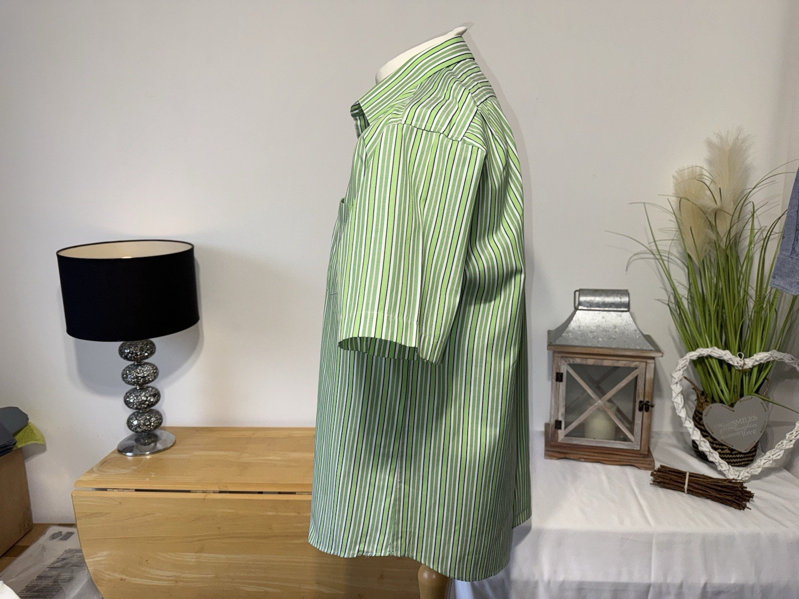 Green Stripe Short Sleeve Cotton Shirt Neck 17.5in