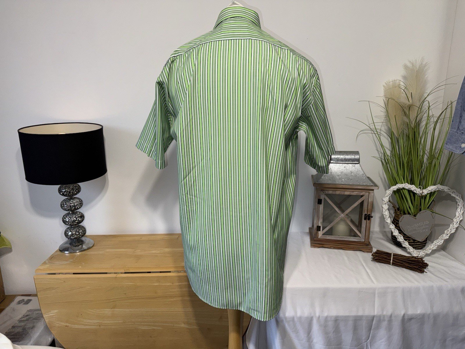 Green Stripe Short Sleeve Cotton Shirt Neck 17.5in