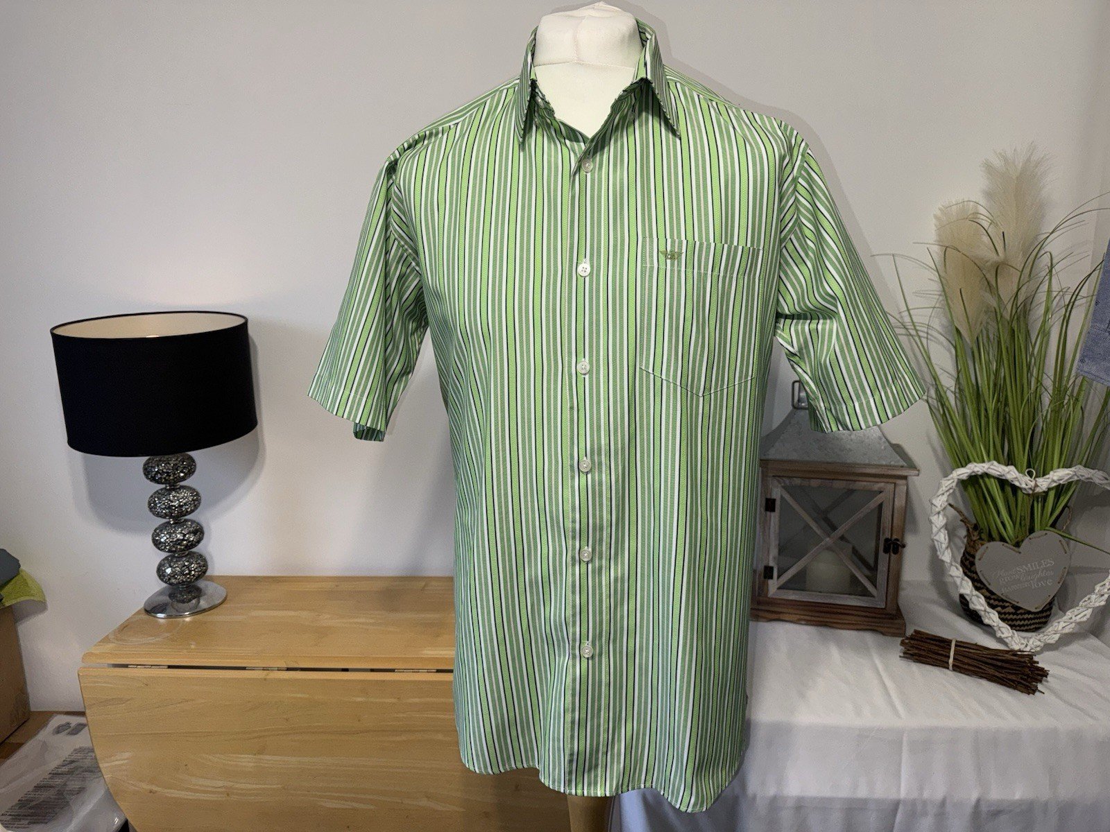 Green Stripe Short Sleeve Cotton Shirt Neck 17.5in