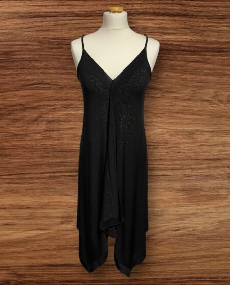 K Woman Black Lined Flowey Dress With Gold Sparkle Front Frill Through Size M