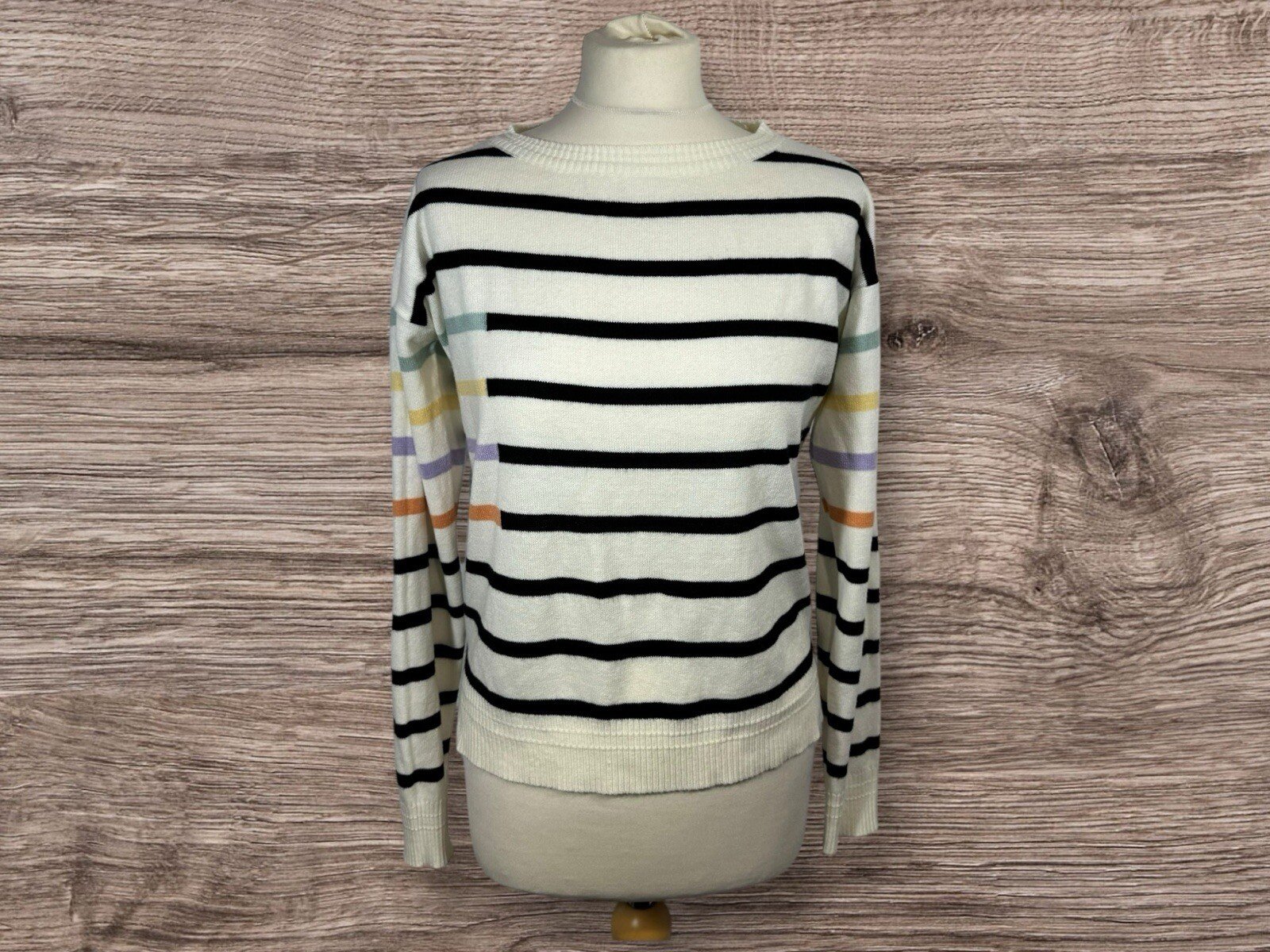 Next Fine Knit Stripe Jumper Round Neck Split Hem Sides Size XS