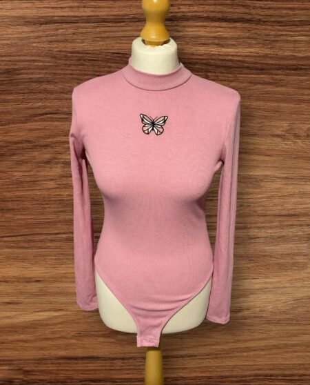 Pink Ribbed Bodysuit Butterfly Motif Long Sleeve Popper Gusset Size L 14-16 Yr