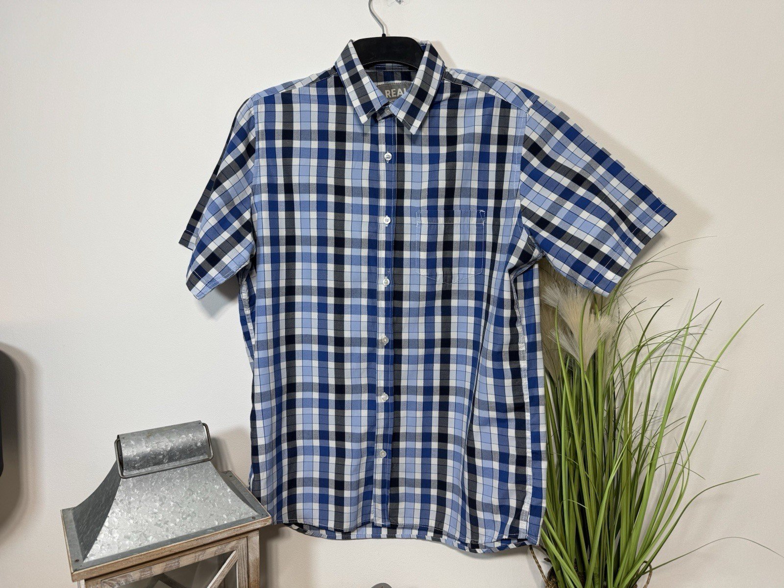 Real Clothing Company Blue Check Short Sleeve Shirt Size L