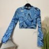 Shein Blue Swirl Long Sleeve Stretch Crop Top Size 8-10