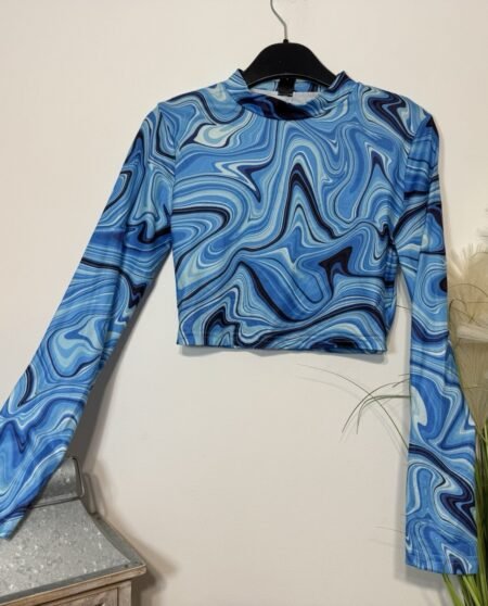 Shein Blue Swirl Long Sleeve Stretch Crop Top Size 8-10