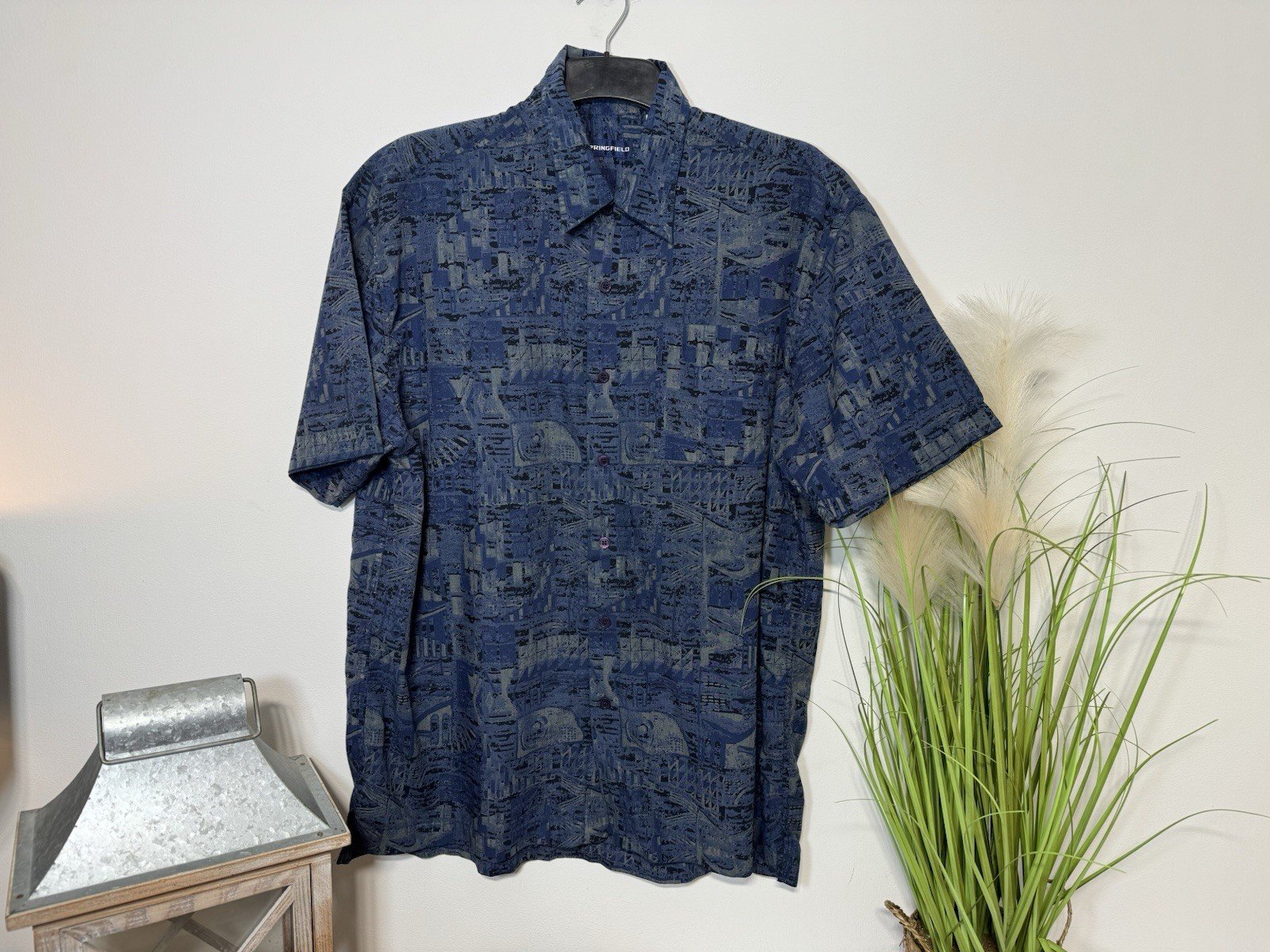 Springfield Navy Pattern Relaxed Fit Short Sleeve Shirt Size L