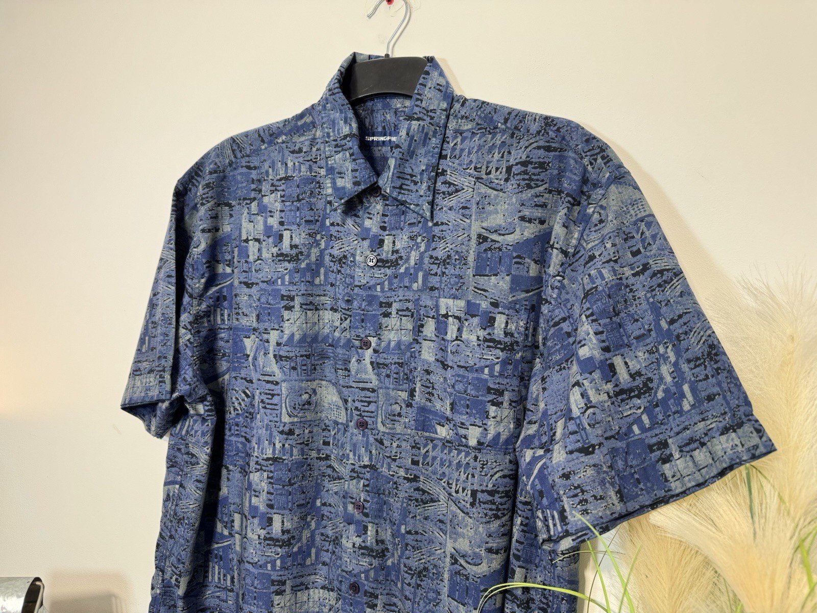 Springfield Navy Pattern Relaxed Fit Short Sleeve Shirt Size L
