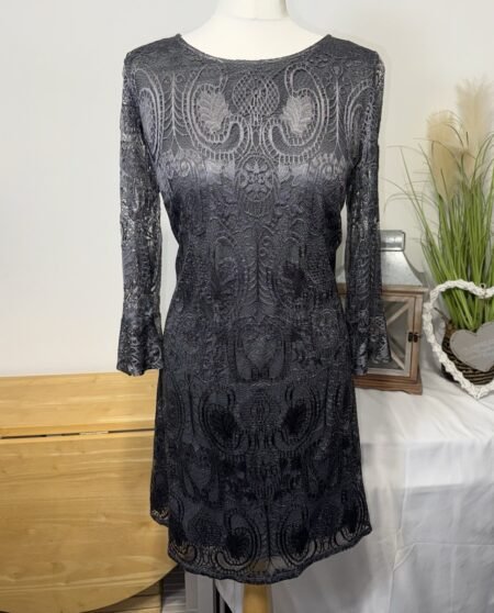 Wallis Petite Shimmery Grey Lace Effect Lined Dress Size 10