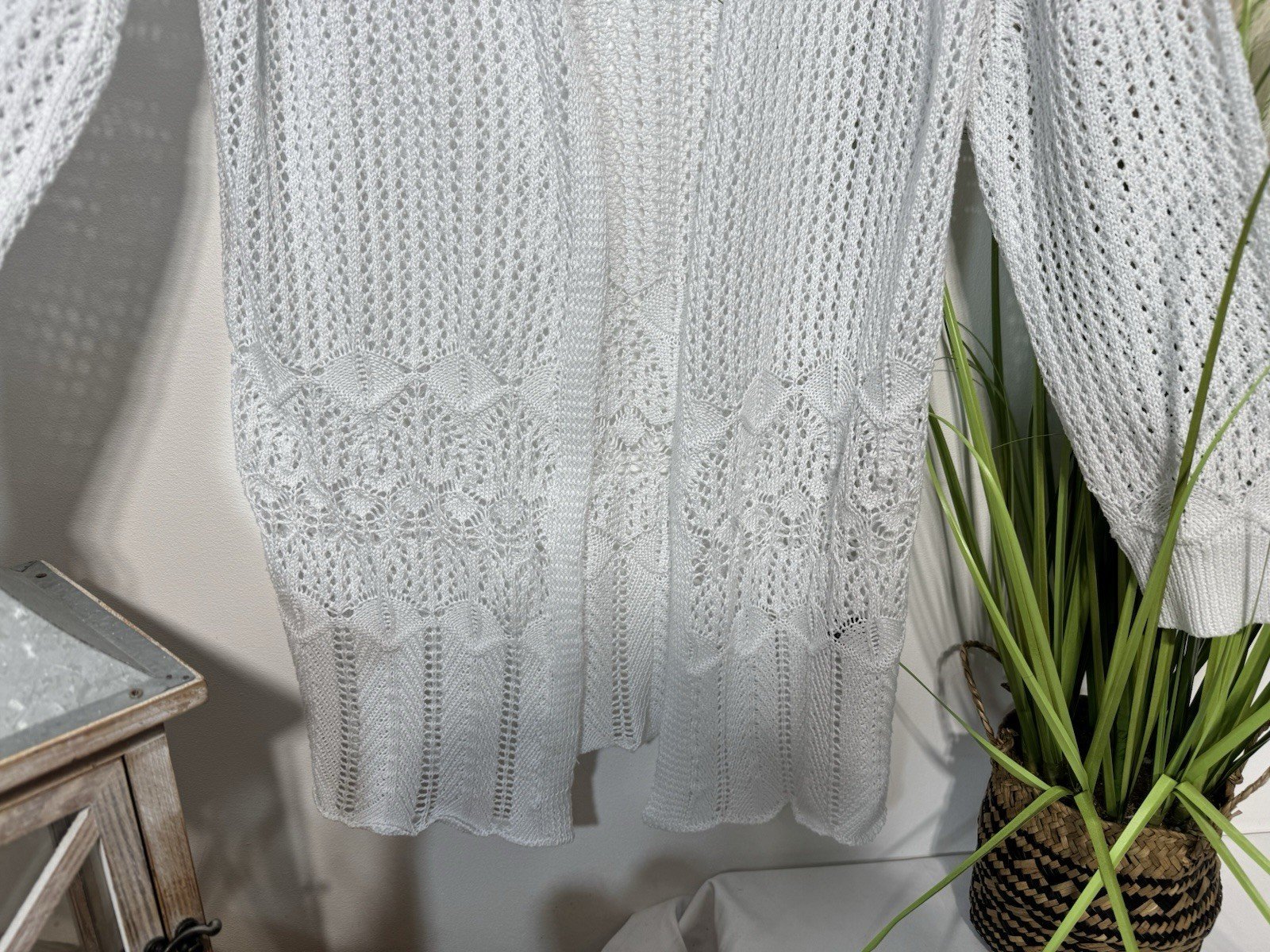 White Crochet Knit Longline Kimono Size 10-12