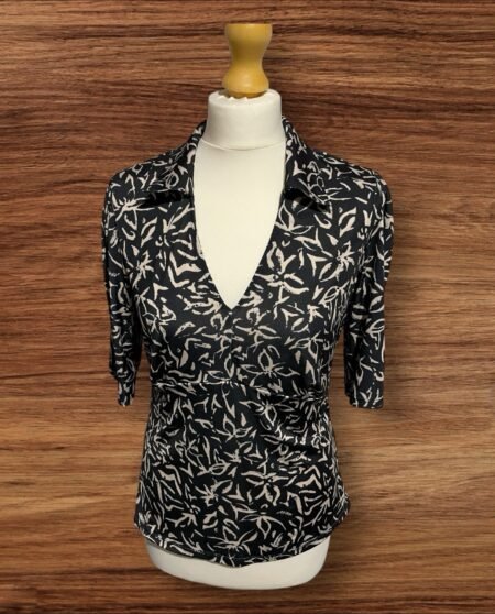 Womens Priciples Black With Brown Pattern Top V Neck 3 Quarter Sleeve Size 12