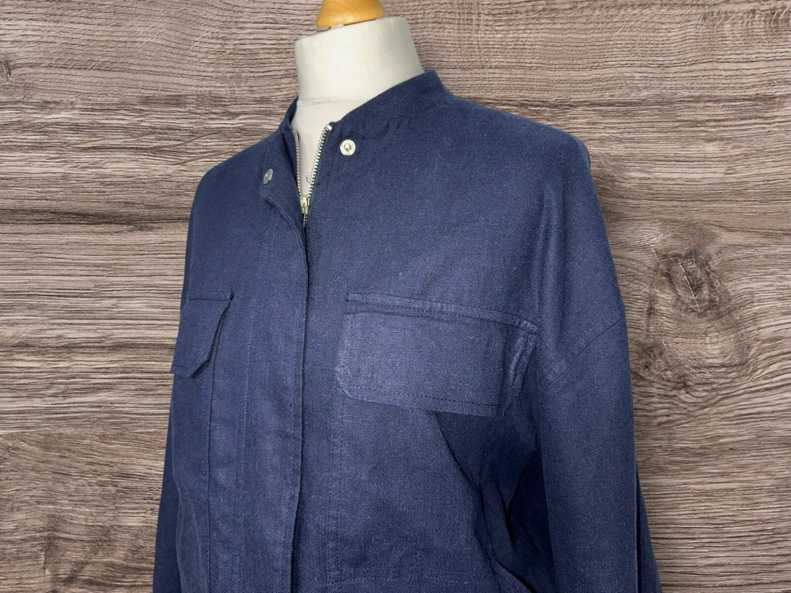 Zara Navy Linen Blend Lined Jacket Pockets Stand Up Collar Zip Close Size S