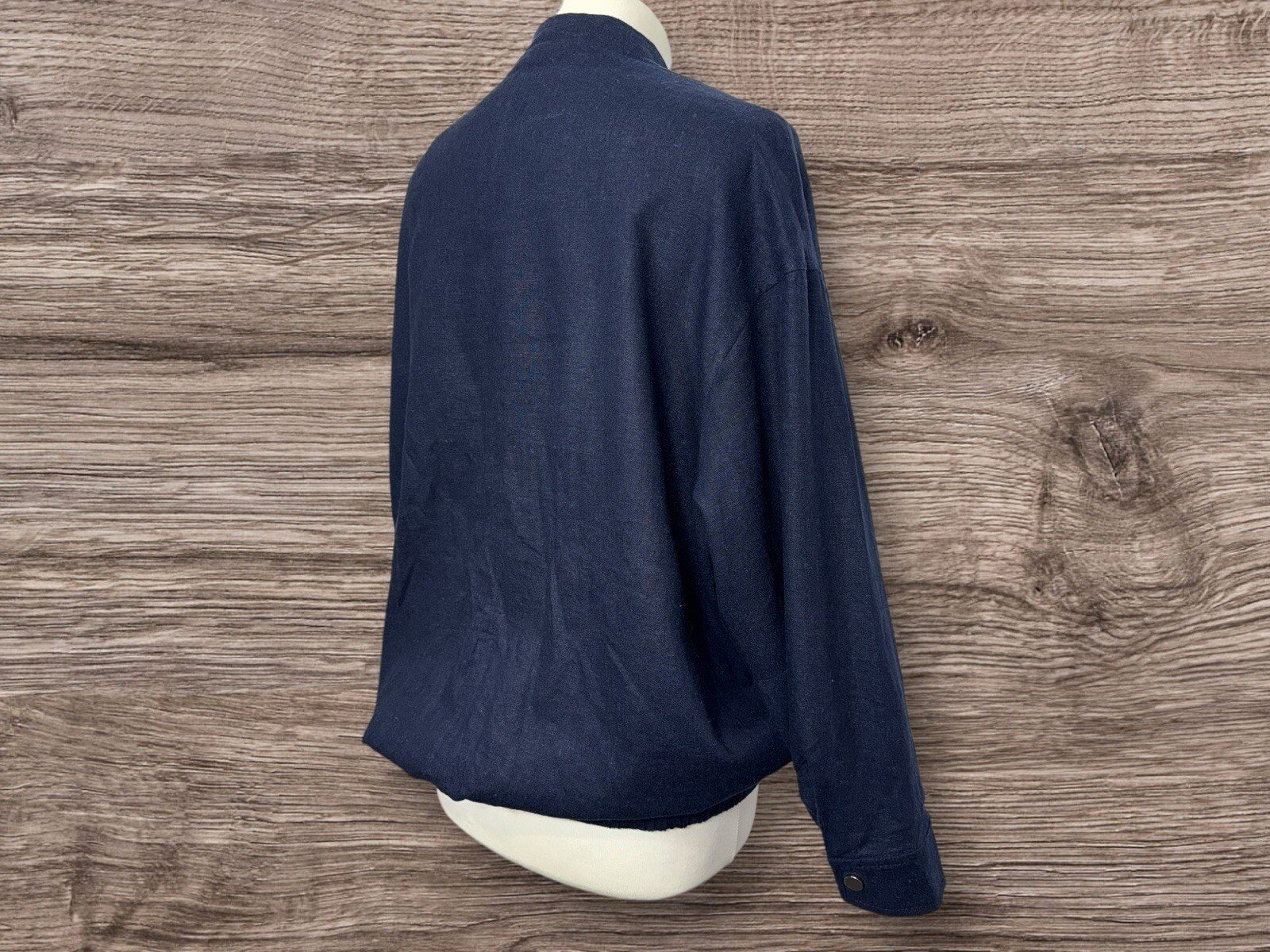 Zara Navy Linen Blend Lined Jacket Pockets Stand Up Collar Zip Close Size S