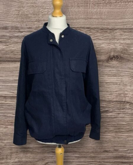 Zara Navy Linen Blend Lined Jacket Pockets Stand Up Collar Zip Close Size S