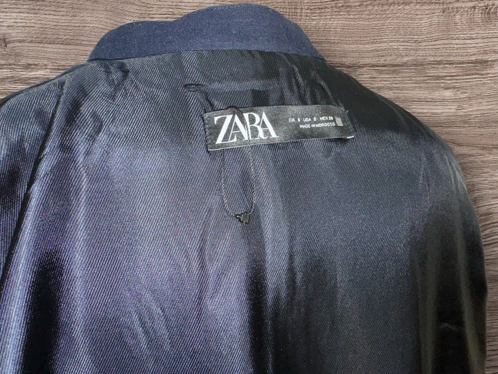 Zara Navy Linen Blend Lined Jacket Pockets Stand Up Collar Zip Close Size S