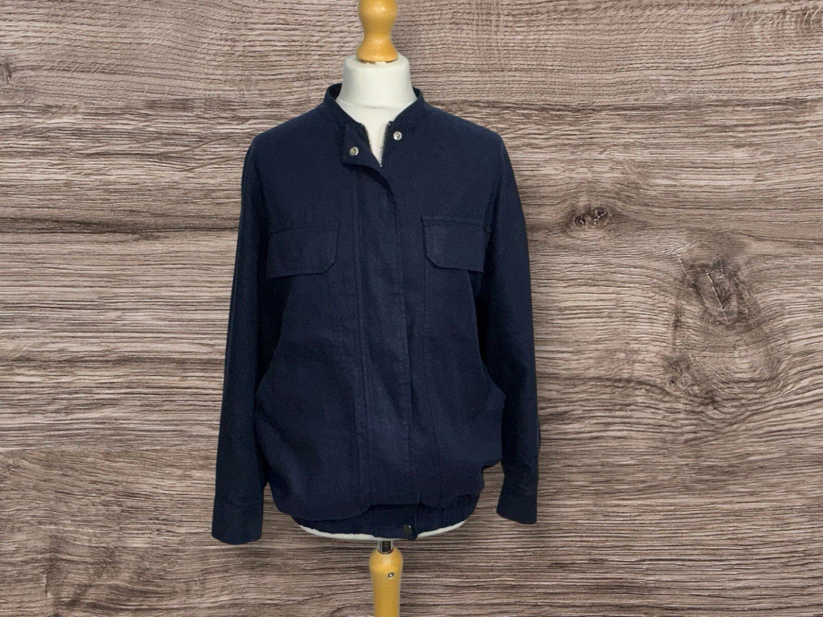 Zara Navy Linen Blend Lined Jacket Pockets Stand Up Collar Zip Close Size S