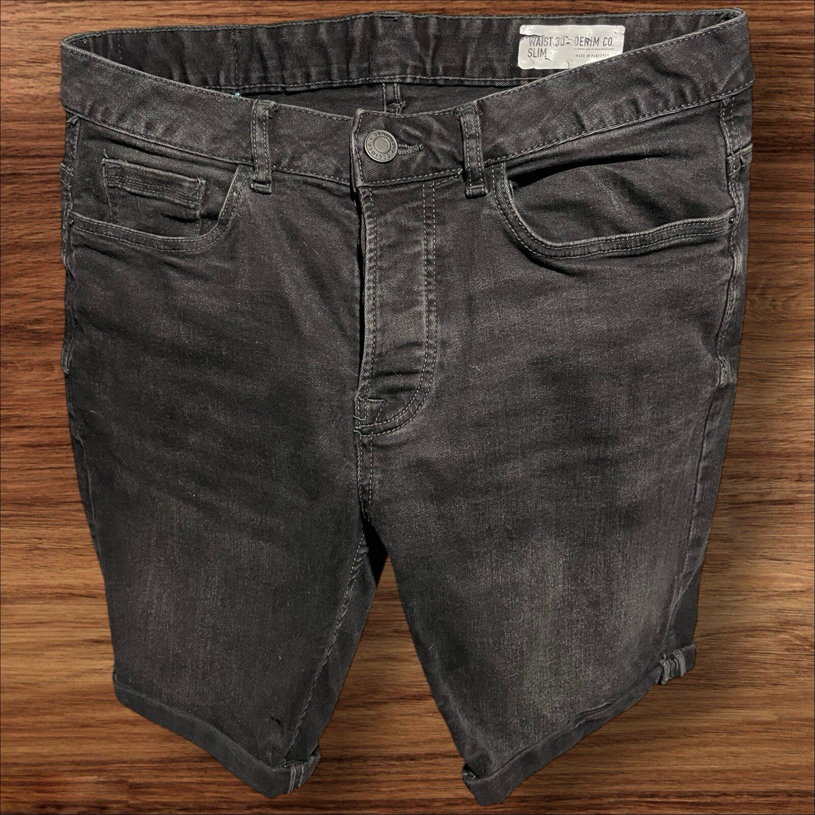 Black Denim Shorts Button Fly Pockets Turn Up Waist 30in