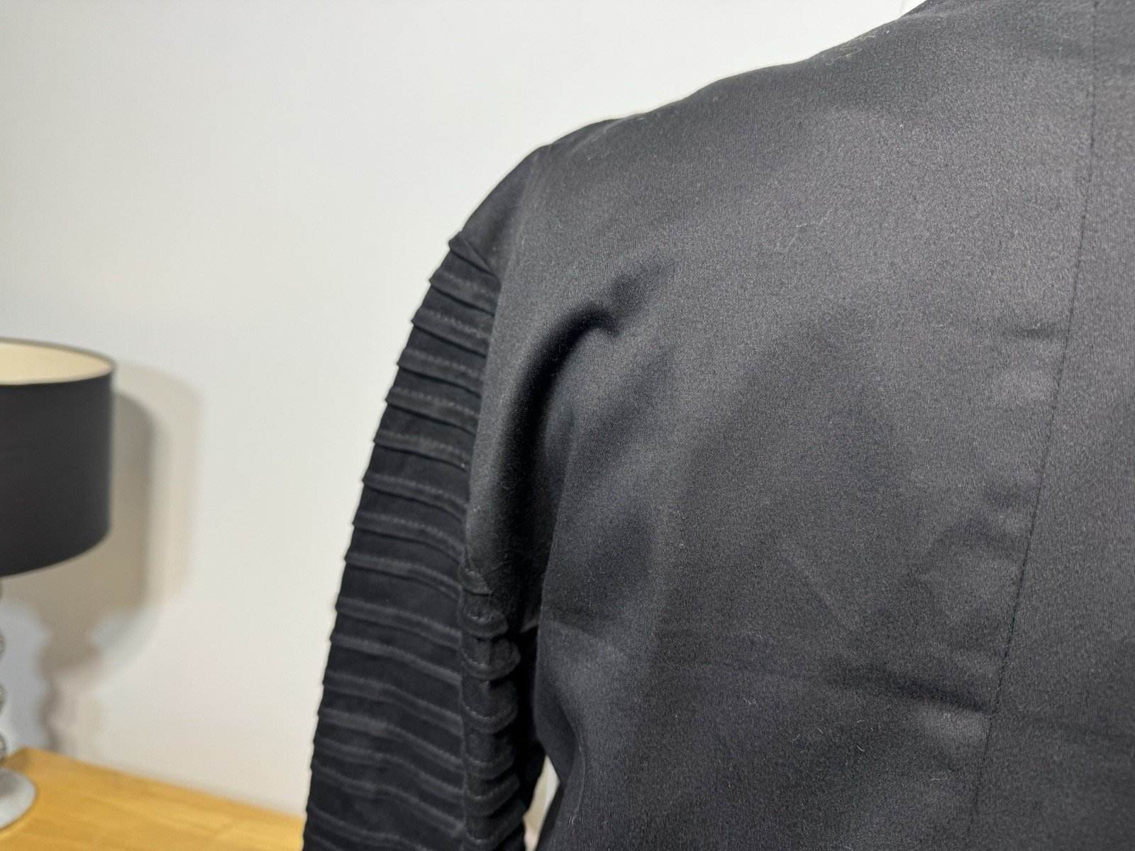 Black Pleated Sleeve Full Zip Collarless Lined Jacket Size 12-14