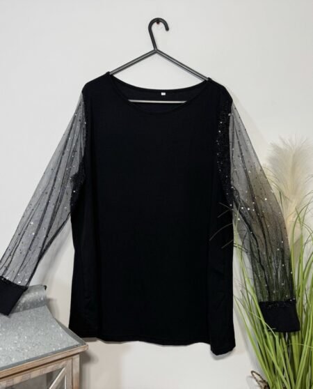 Black Scoop Neck Top With Net Long Sleeve Silver Glitter Star & Moon Size XL