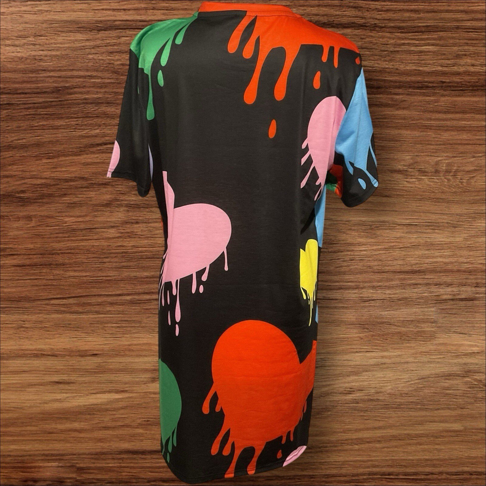 Black T Shirt Dress With Multi Coloured Hearts Round Neck Short Sleeve Size L