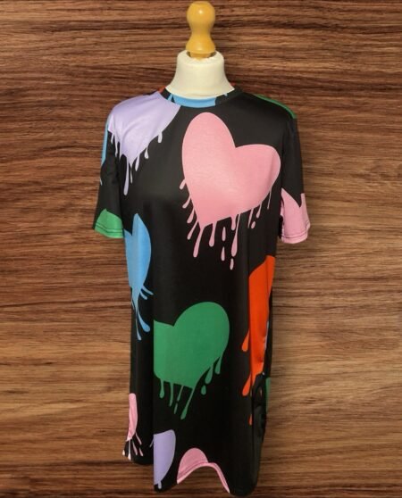 Black T Shirt Dress With Multi Coloured Hearts Round Neck Short Sleeve Size L