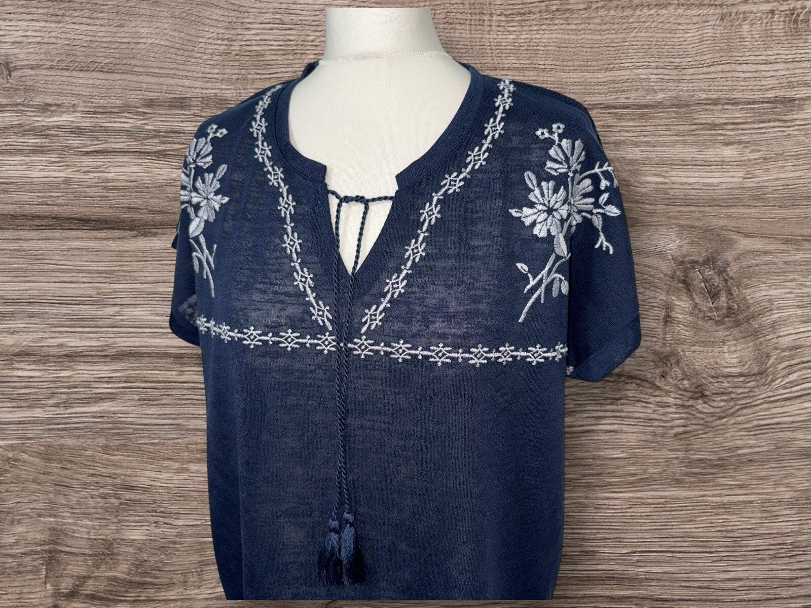Bonmarche Navy Blue Top With Floral Stitching V-neck And Drawstring S18