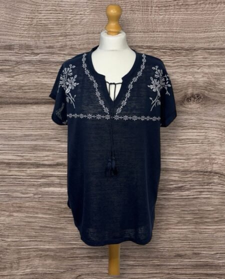 Bonmarche Navy Blue Top With Floral Stitching V-neck And Drawstring S18