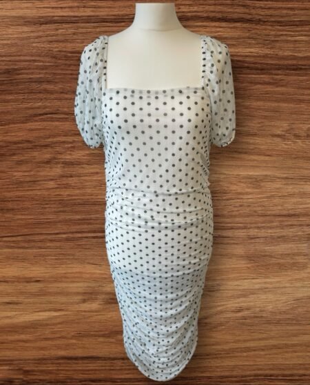 Boohoo White Netted Lined Dress Ruched Sides Square Neck Net Puff Sleeve S14