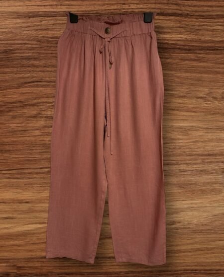Dusky Pink Linen Blend Trousers Elasticated Waist With Drawstring Size XS