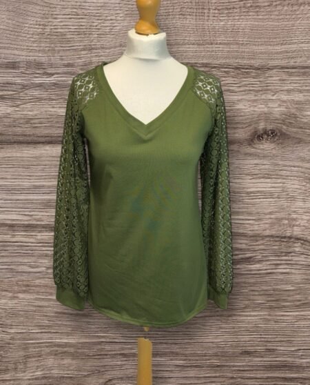 Forest Green V Neck Long Sleeve T Shirt Pretty Arm Detail Size S