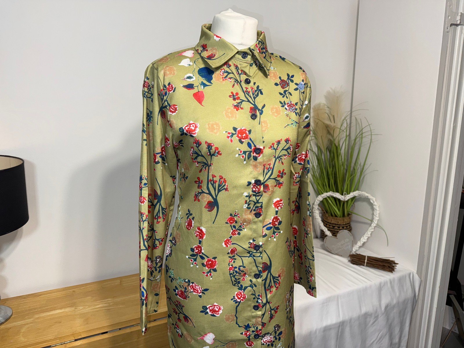 GREEN FLORAL BUTTON THRU WOVEN MIDI DRESS SIZE L