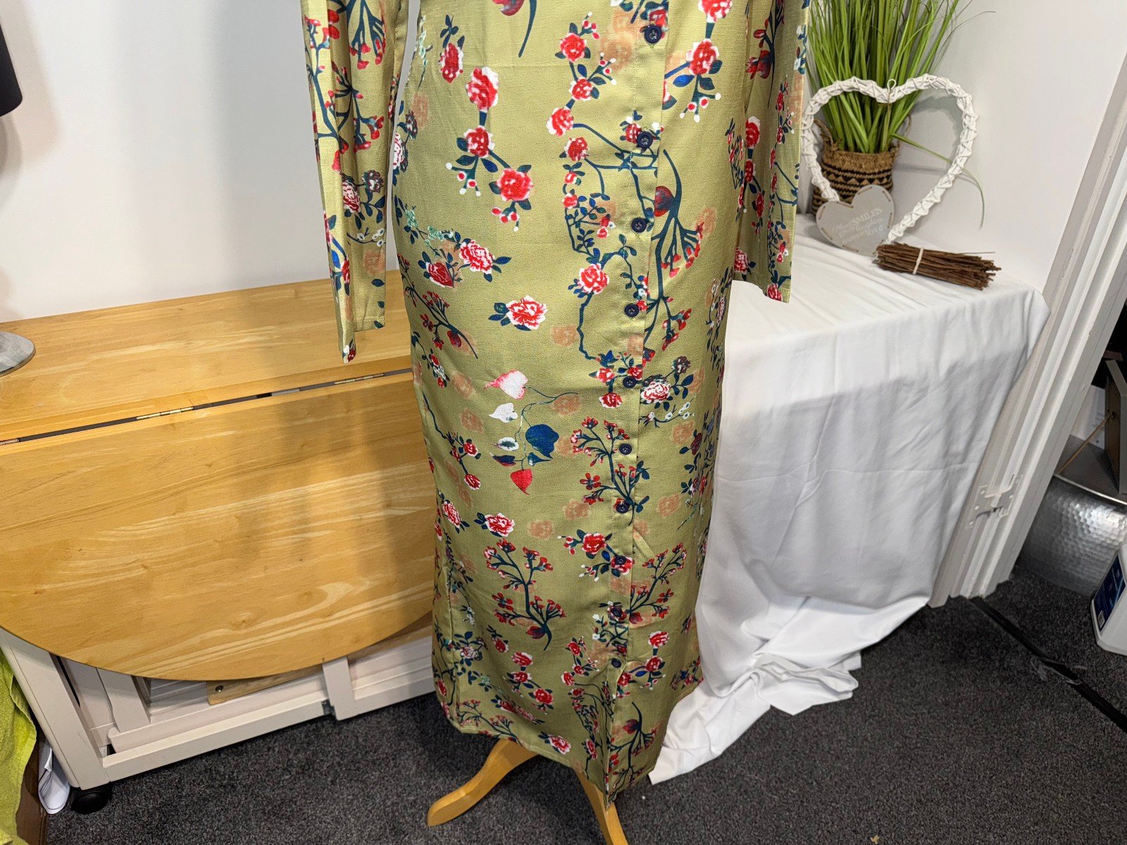 GREEN FLORAL BUTTON THRU WOVEN MIDI DRESS SIZE L