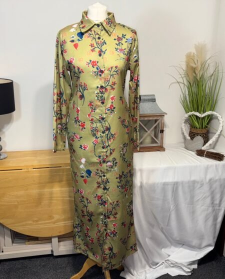 GREEN FLORAL BUTTON THRU WOVEN MIDI DRESS SIZE L