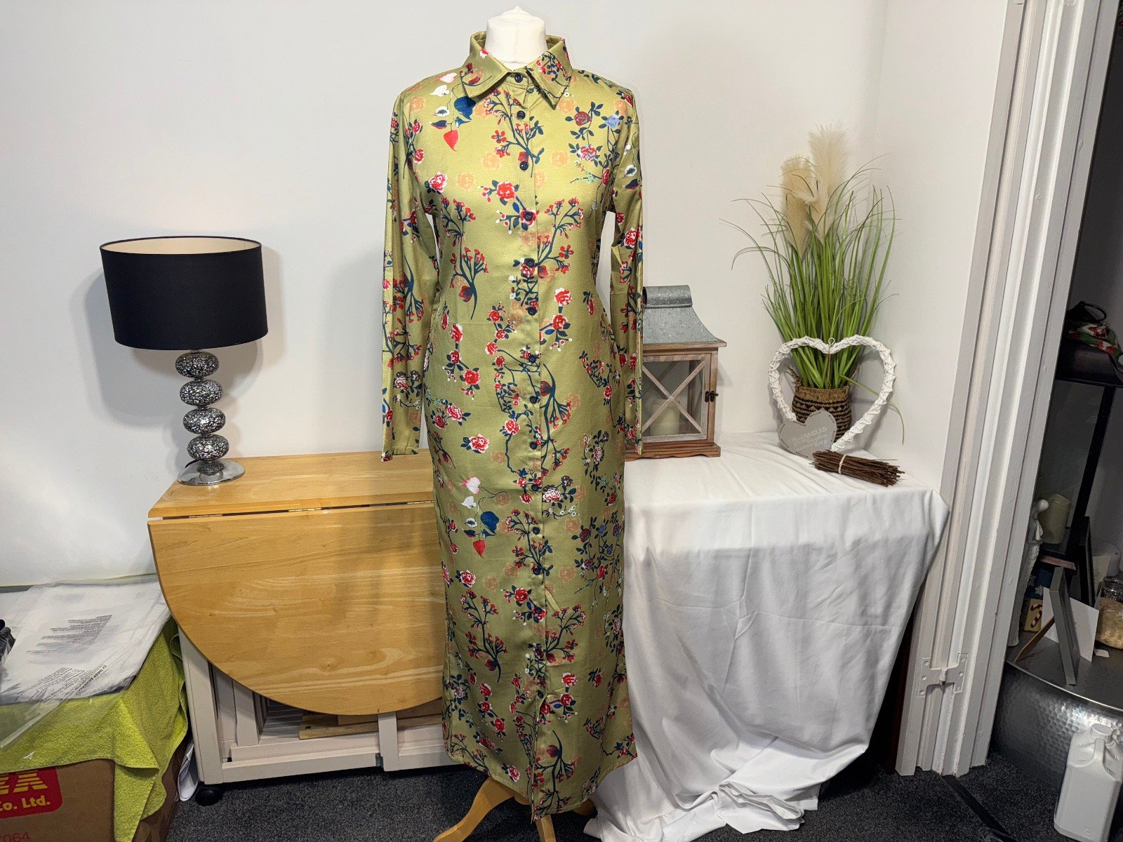 GREEN FLORAL BUTTON THRU WOVEN MIDI DRESS SIZE L