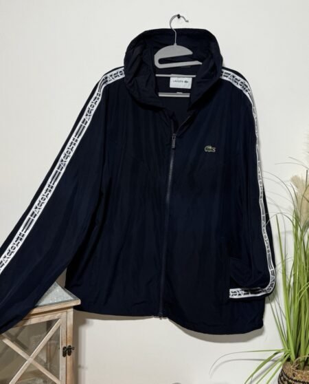 Lacoste Navy Arm Stripe Logo Hooded Pockets Full Zip Top Size L/XL
