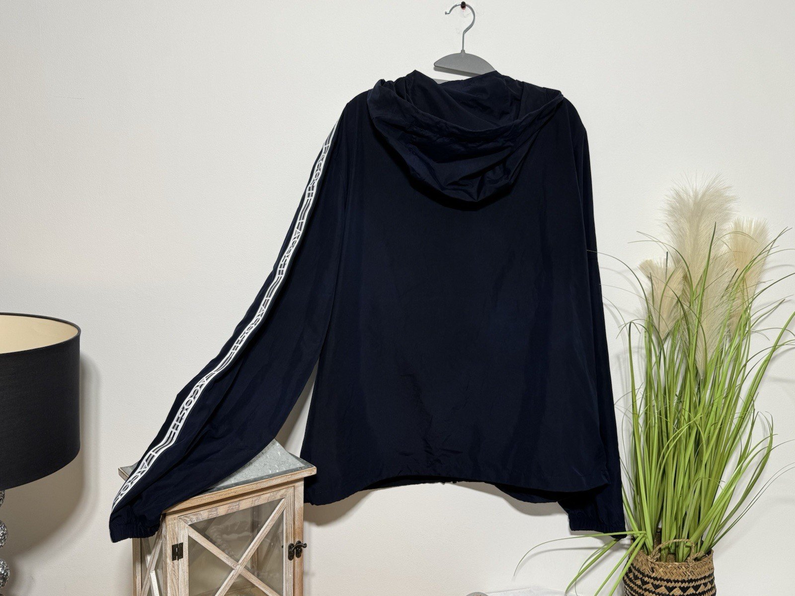 Lacoste Navy Arm Stripe Logo Hooded Pockets Full Zip Top Size L/XL