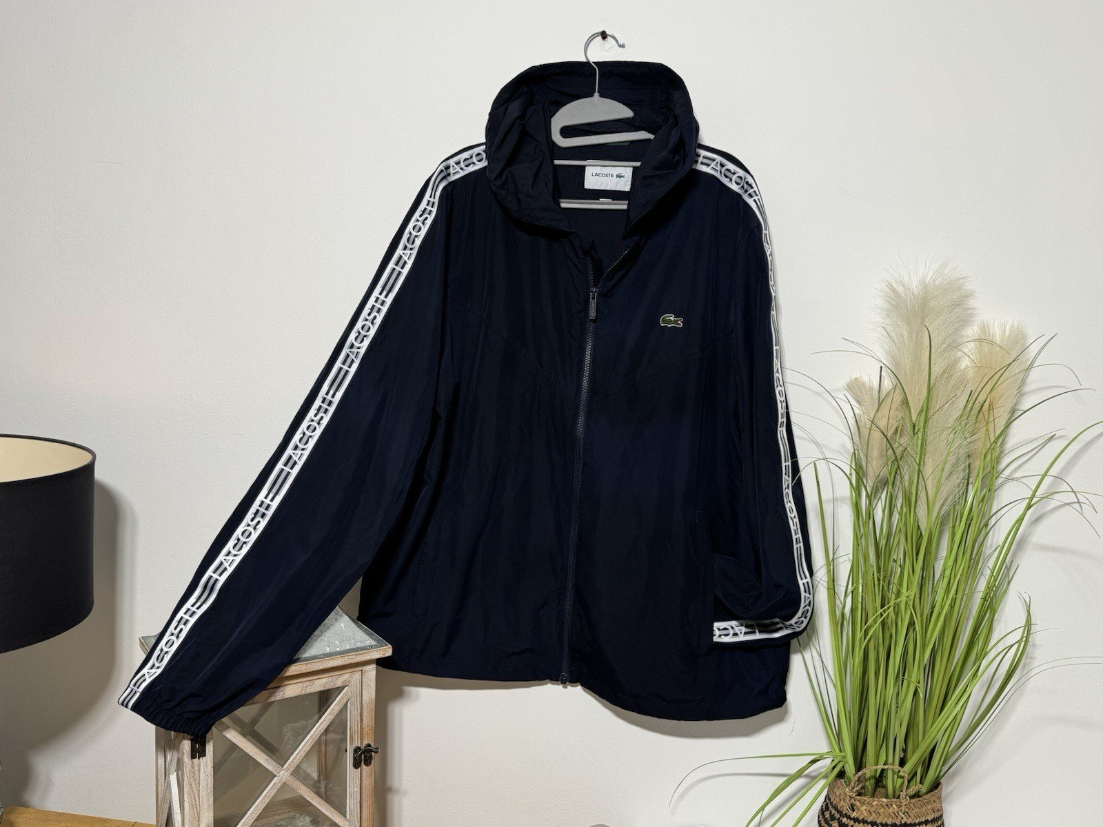 Lacoste Navy Arm Stripe Logo Hooded Pockets Full Zip Top Size L/XL
