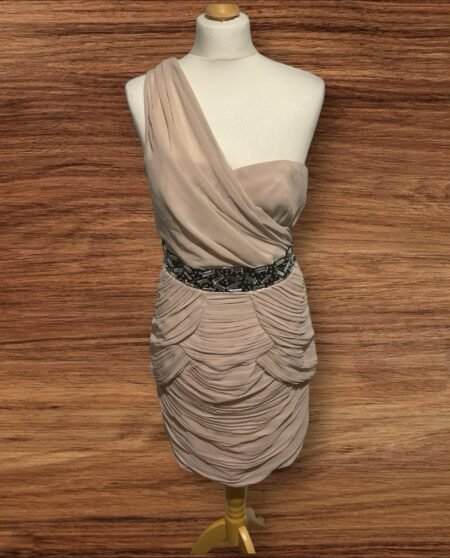 Lipsy London Beige Cold Shoulder Dress Waist Diamonte Detail Straight Skirt S12