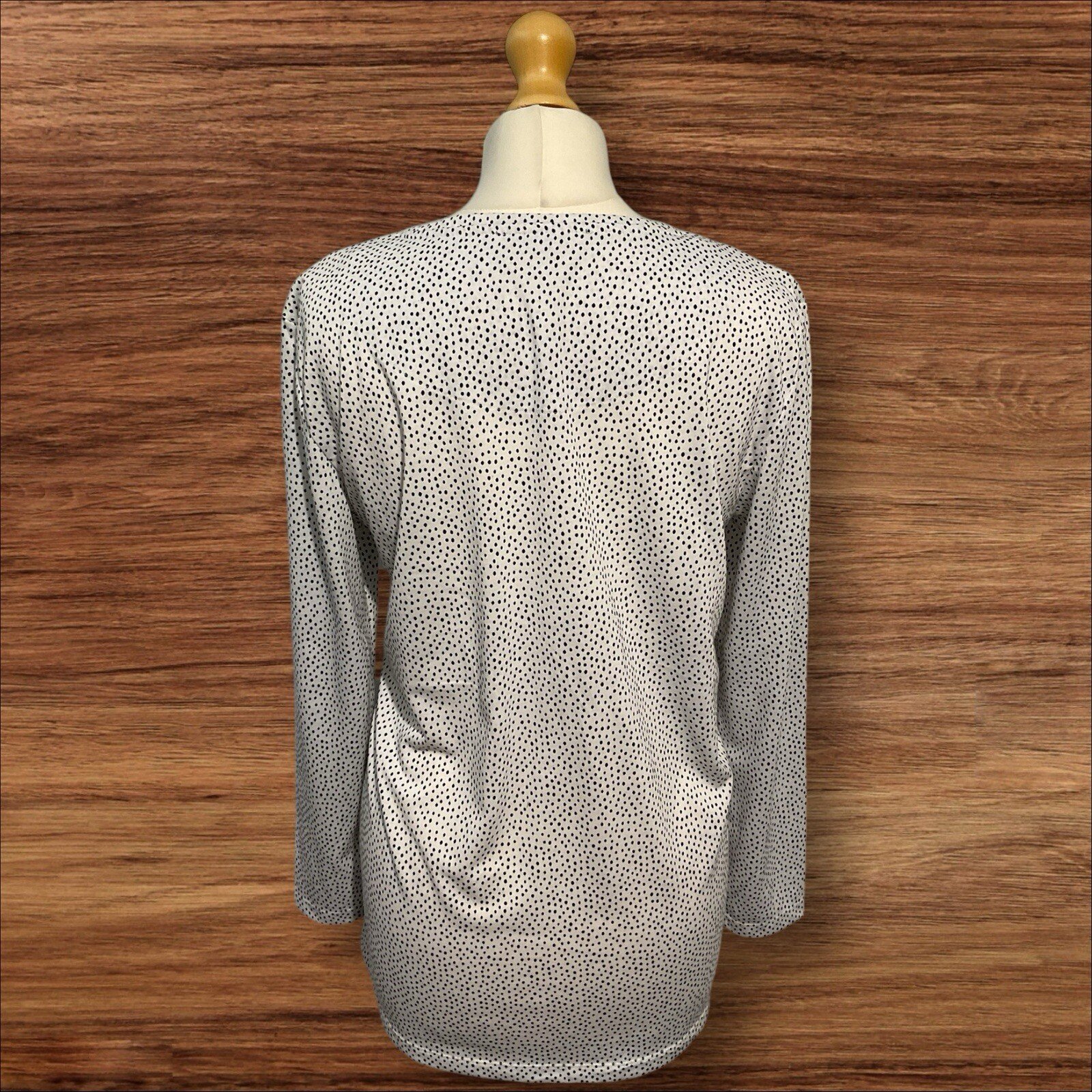 M&S White Longline T Shirt Blue Polka Dots Long Sleeve Round Neck Size 12