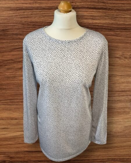 M&S White Longline T Shirt Blue Polka Dots Long Sleeve Round Neck Size 12