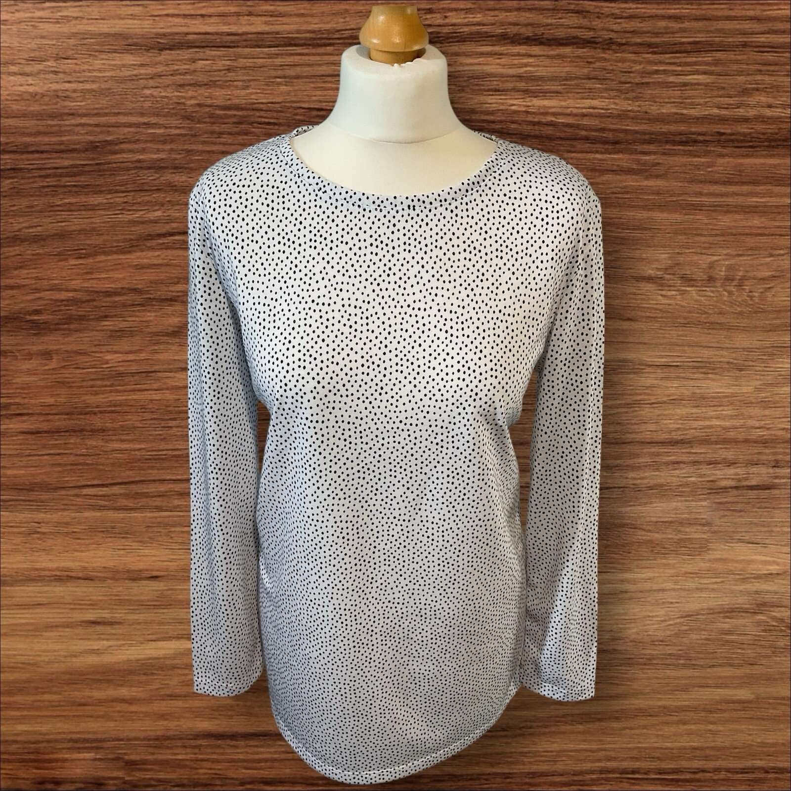 M&S White Longline T Shirt Blue Polka Dots Long Sleeve Round Neck Size 12