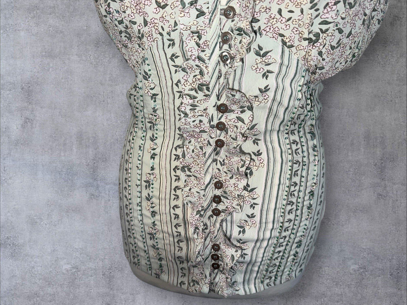 Mint Ditsy Floral Blouse Frill Detail To Close And Collar Tie Waist