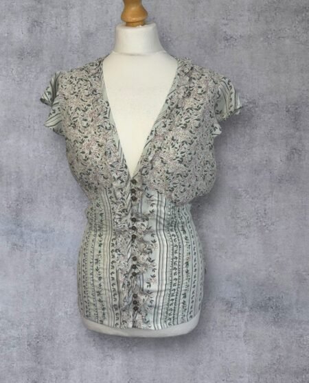 Mint Ditsy Floral Blouse Frill Detail To Close And Collar Tie Waist