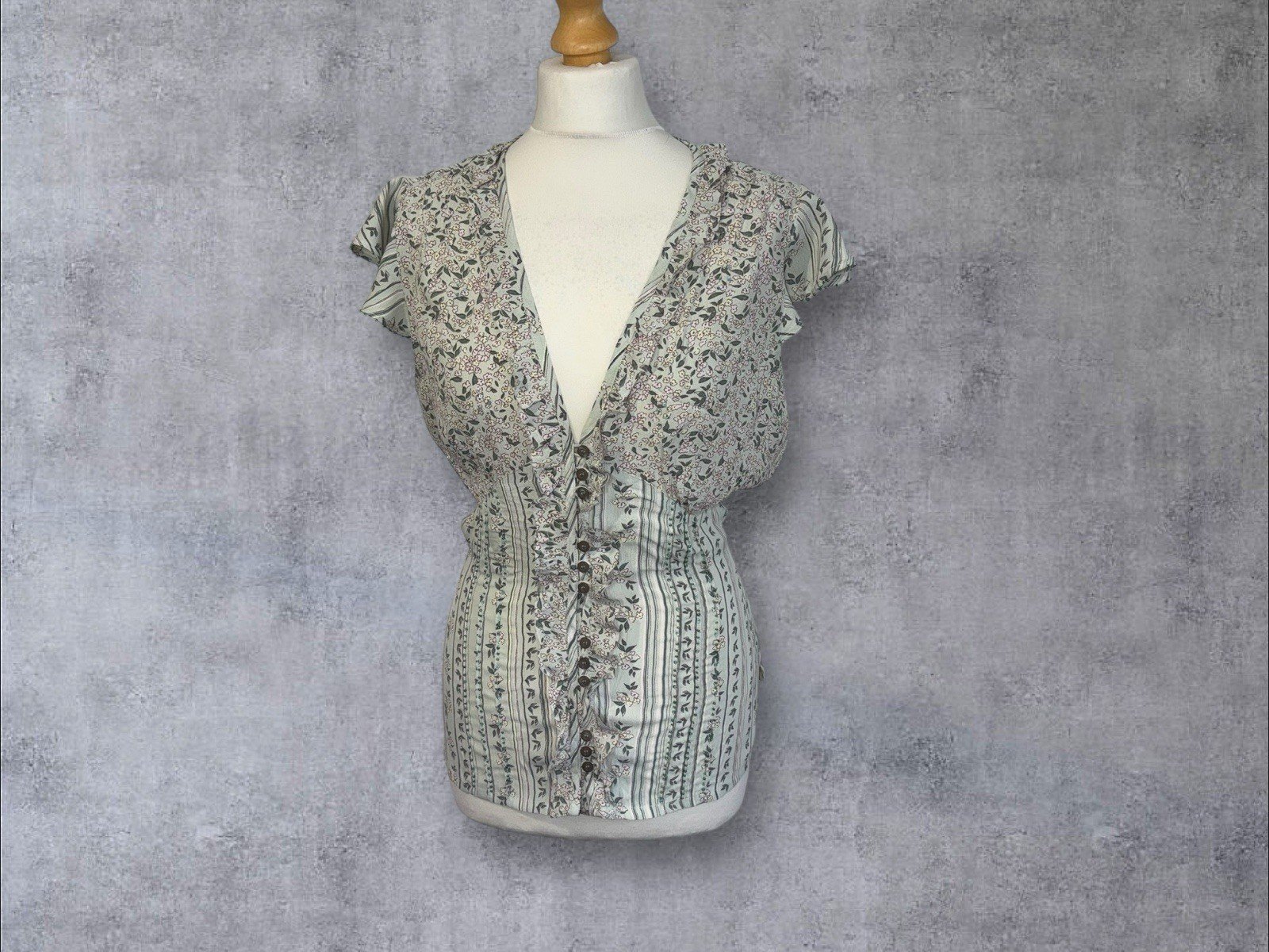 Mint Ditsy Floral Blouse Frill Detail To Close And Collar Tie Waist