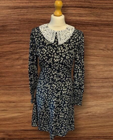 Monsoon Navy Blue Aline Dress Floral Design Lace Collar Zip Back Elastic Cuff S8