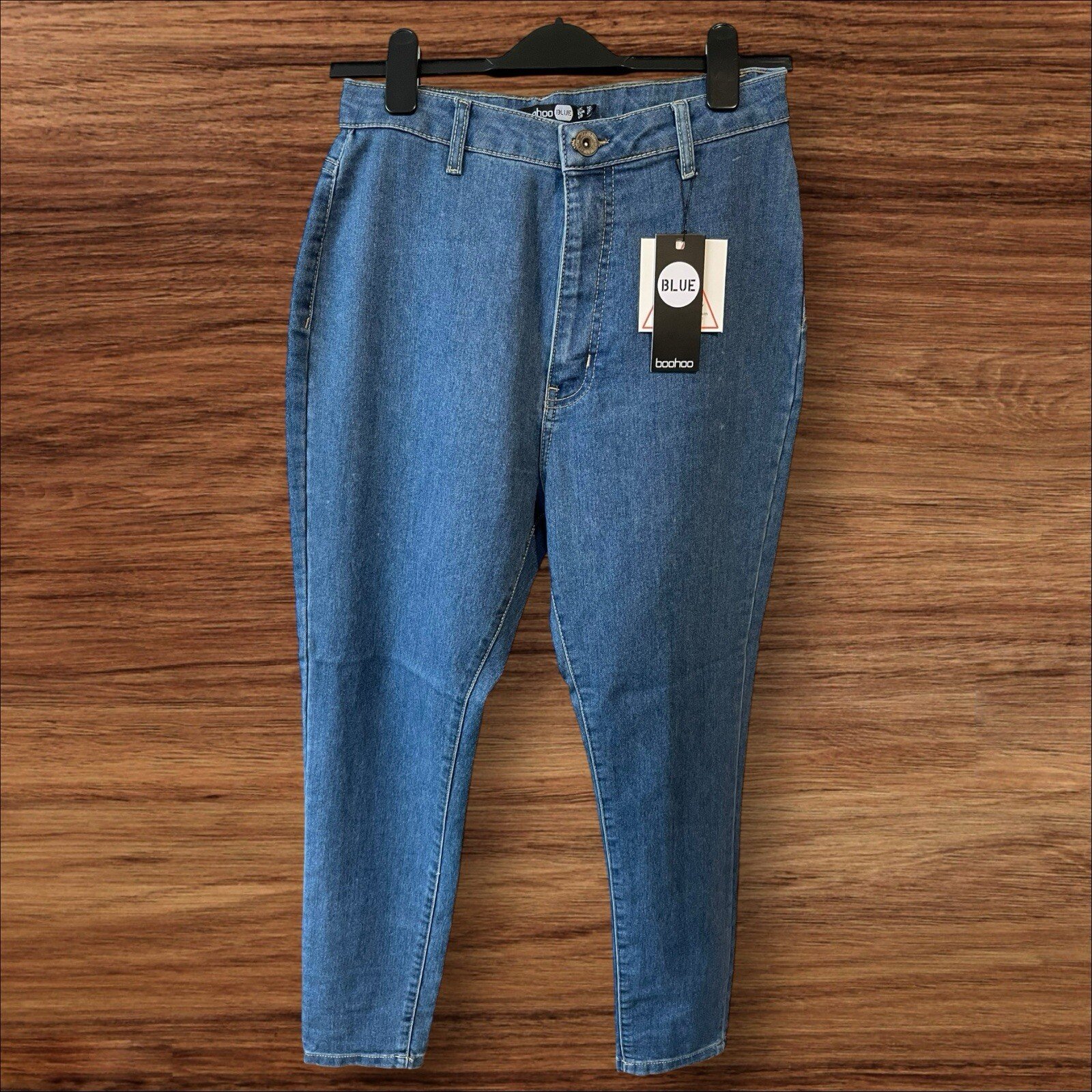 NEW Boohoo Stretch Mid Blue High Rise Disco Skinny Jeans Rear Pockets S10