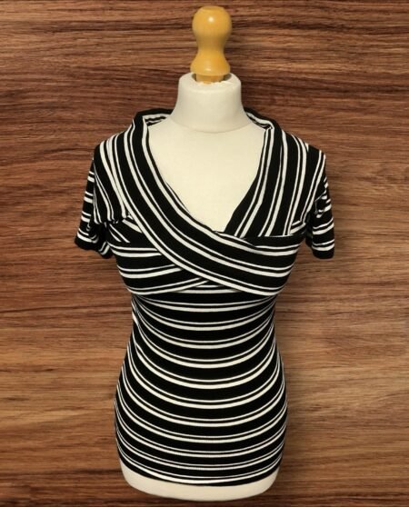 Oasis Short Sleeve T Shirt Black/white Stripe Crossover Bust Ribbed Size M