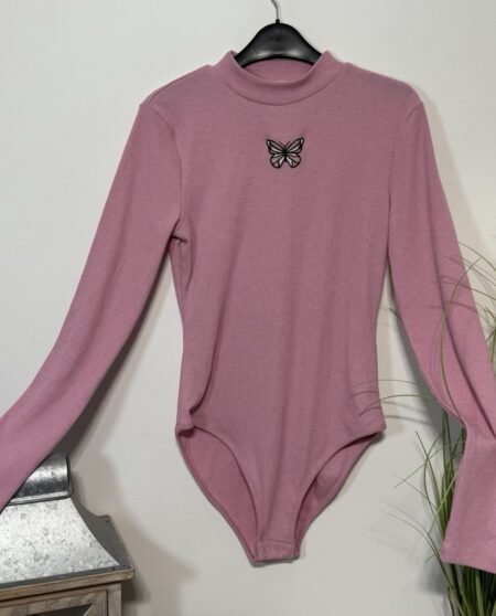 Pink Butterfly Embroidered Long Sleeve Bodysuit Size S